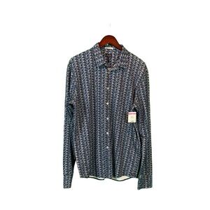 Good Man Long Sleeve Button Down Geometric Print Blue Grey Soft Shirt - Large